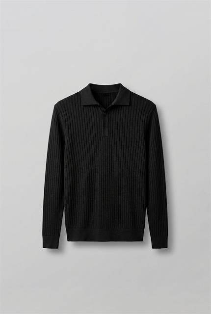 Erkek Slim Fit Polo Yaka Fitilli Örme Triko Kazak Siyah