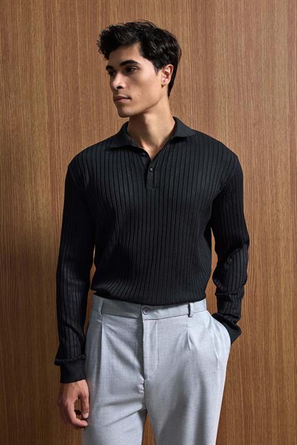 Erkek Slim Fit Polo Yaka Fitilli Örme Triko Kazak Siyah