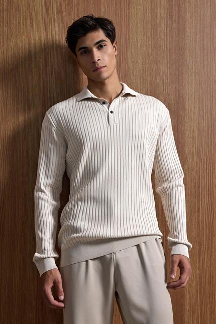 Erkek Slim Fit Polo Yaka Fitilli Örme Triko Kazak Taş Rengi