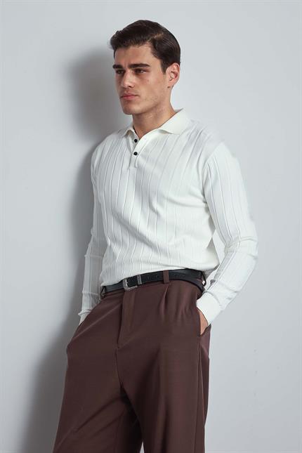 Erkek Slim Fit Premium Kumaş Polo Yaka Düğmeli Kazak Ekru