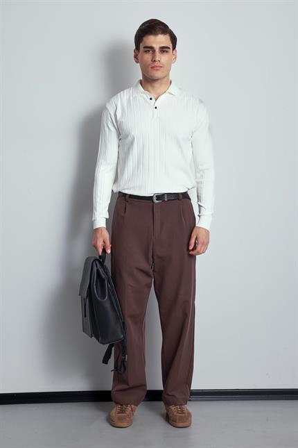 Erkek Slim Fit Premium Kumaş Polo Yaka Düğmeli Kazak Ekru