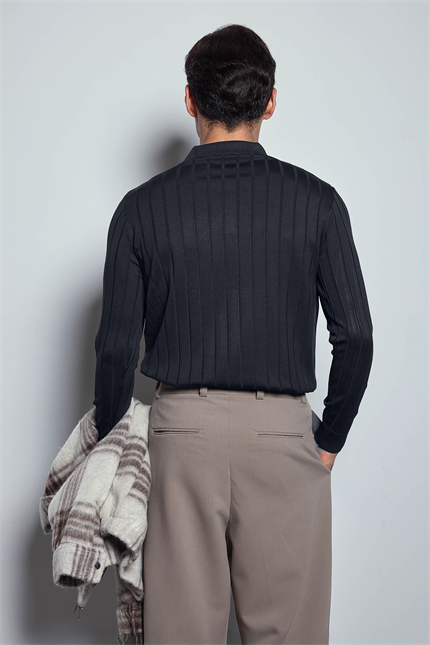Erkek Slim Fit Premium Kumaş Polo Yaka Düğmeli Kazak Lacivert