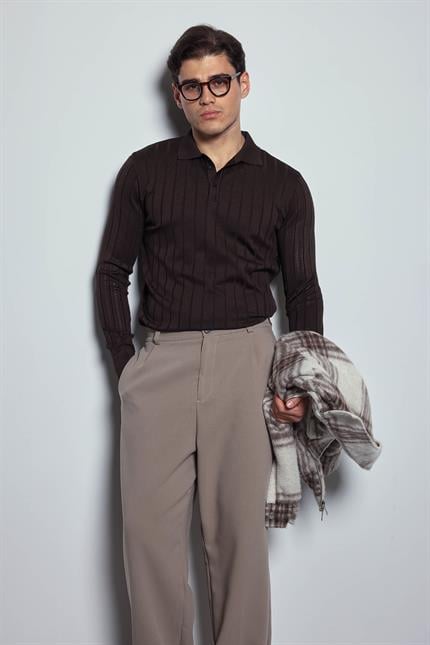 Erkek Slim Fit Premium Kumaş Polo Yaka Düğmeli Kazak Kahverengi