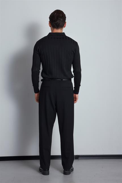 Erkek Slim Fit Premium Kumaş Polo Yaka Düğmeli Kazak Siyah