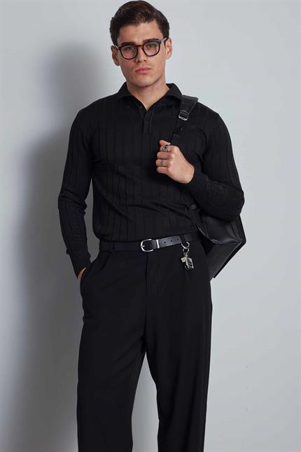 Erkek Slim Fit Premium Kumaş Polo Yaka Düğmeli Kazak Siyah
