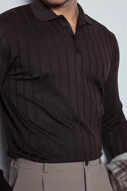 Erkek Slim Fit Premium Kumaş Polo Yaka Düğmeli Kazak Kahverengi