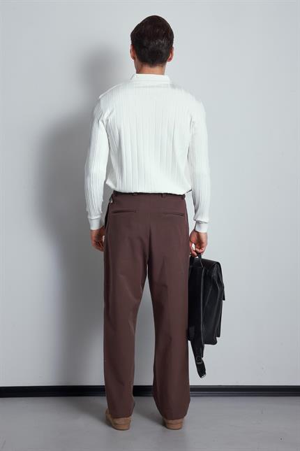 Erkek Slim Fit Premium Kumaş Polo Yaka Düğmeli Kazak Ekru