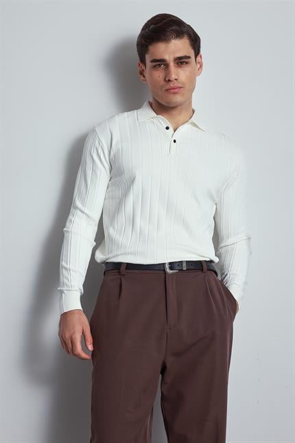 Erkek Slim Fit Premium Kumaş Polo Yaka Düğmeli Kazak Ekru
