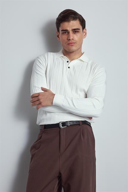 Erkek Slim Fit Premium Kumaş Polo Yaka Düğmeli Kazak Ekru