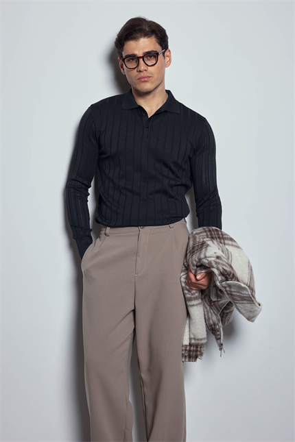 Erkek Slim Fit Premium Kumaş Polo Yaka Düğmeli Kazak Lacivert