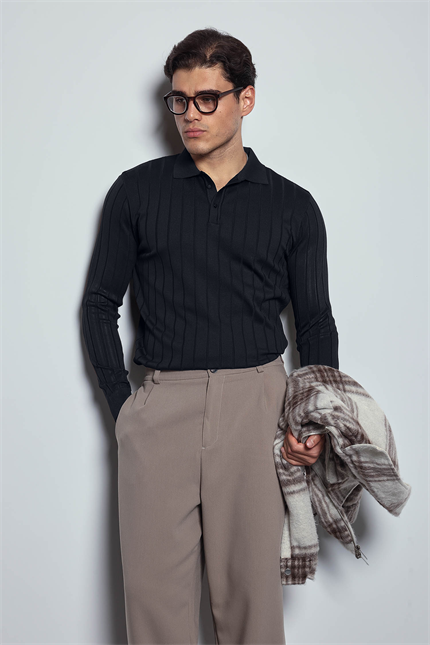 Erkek Slim Fit Premium Kumaş Polo Yaka Düğmeli Kazak Lacivert