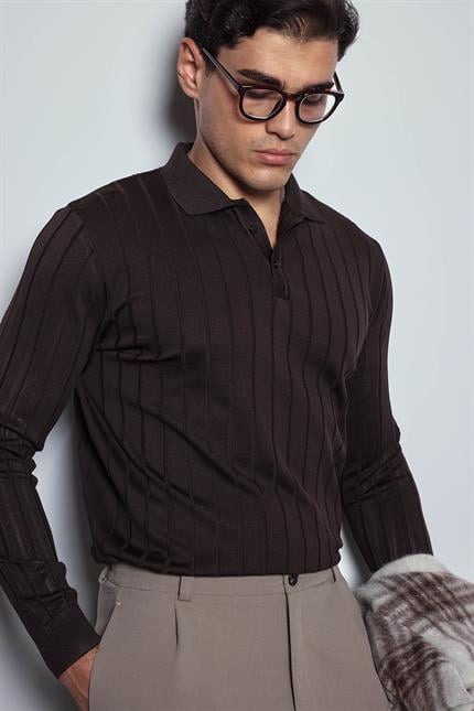 Erkek Slim Fit Premium Kumaş Polo Yaka Düğmeli Kazak Kahverengi