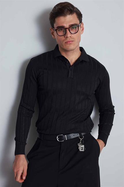 Erkek Slim Fit Premium Kumaş Polo Yaka Düğmeli Kazak Siyah