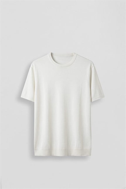 Erkek Slim Fit Triko Bisiklet Yaka Basic T-Shirt Ekru