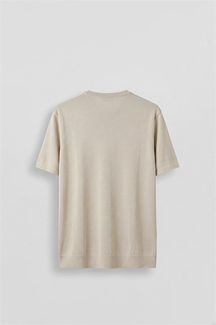 Erkek Slim Fit Triko Bisiklet Yaka Basic T-Shirt Bej