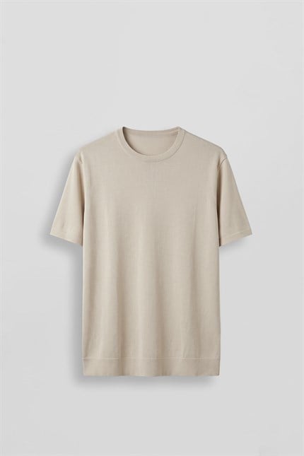 Erkek Slim Fit Triko Bisiklet Yaka Basic T-Shirt Bej