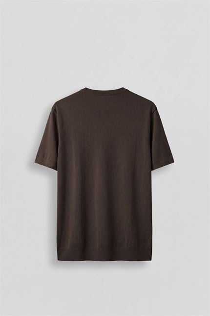 Erkek Slim Fit Triko Bisiklet Yaka Basic T-Shirt Kahverengi