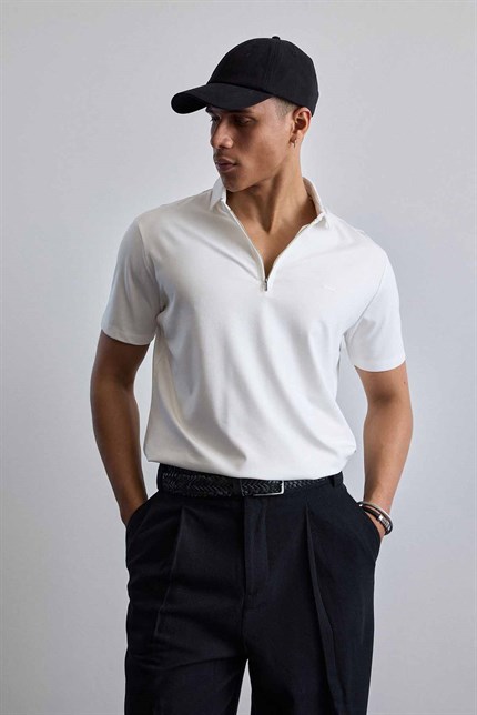 Erkek Slim Fit Yarım Fermuarlı Basic Polo Yaka T-Shirt Beyaz