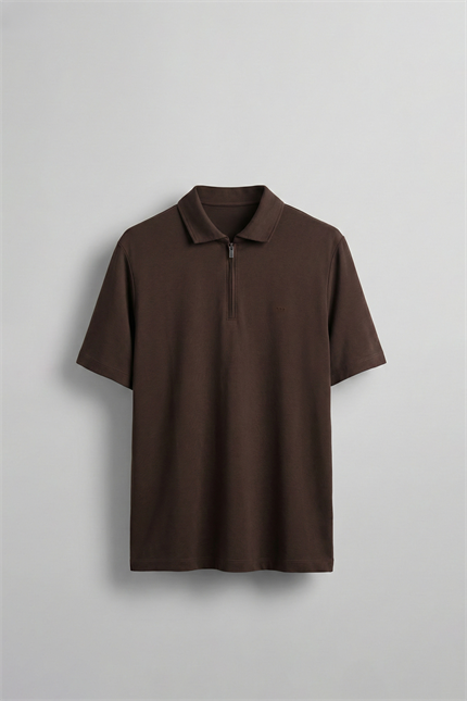 Erkek Slim Fit Yarım Fermuarlı Basic Polo Yaka T-Shirt Kahverengi