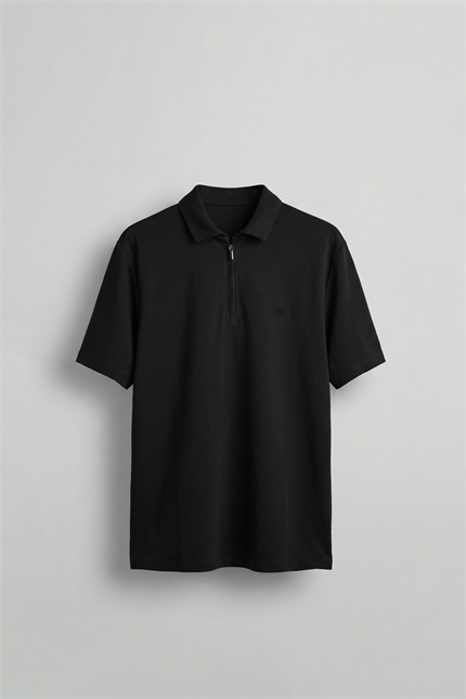 Erkek Slim Fit Yarım Fermuarlı Basic Polo Yaka T-Shirt Siyah