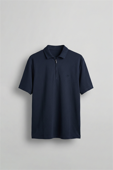 Erkek Slim Fit Yarım Fermuarlı Basic Polo Yaka T-Shirt Lacivert