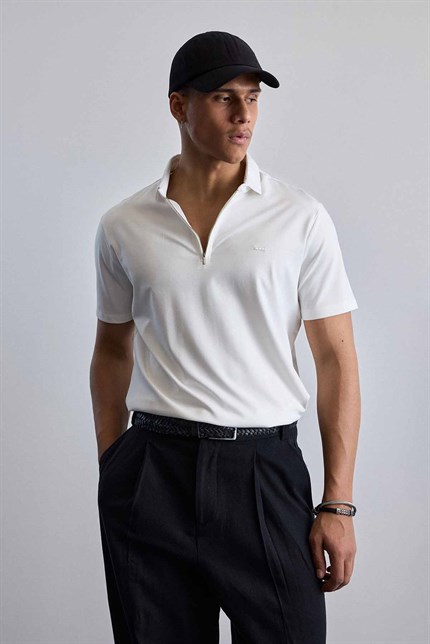 Erkek Slim Fit Yarım Fermuarlı Basic Polo Yaka T-Shirt Beyaz