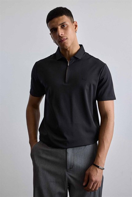 Erkek Slim Fit Yarım Fermuarlı Basic Polo Yaka T-Shirt Siyah