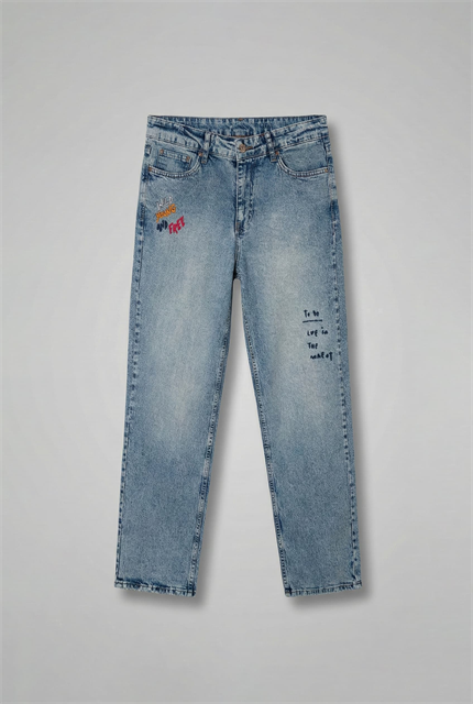 Erkek Slogan İşlemeli Baggy Jean Pantolon Mavi