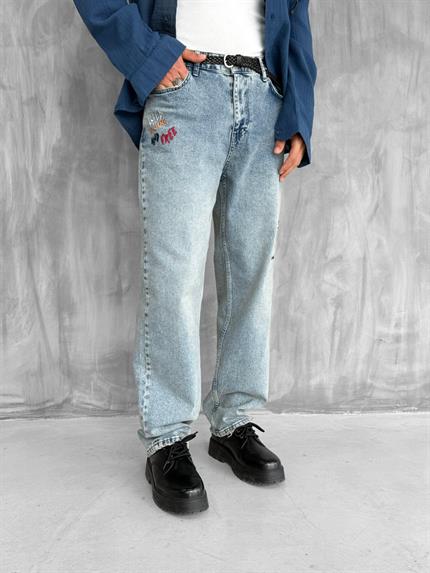 Erkek Slogan İşlemeli Baggy Jean Pantolon Mavi