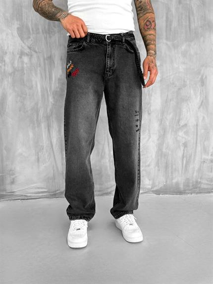 Erkek Slogan İşlemeli Baggy Jean Pantolon Siyah