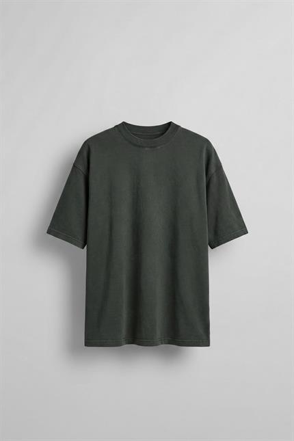 Erkek Slogan İşlemeli Yıkamalı Oversize T-Shirt Yeşil
