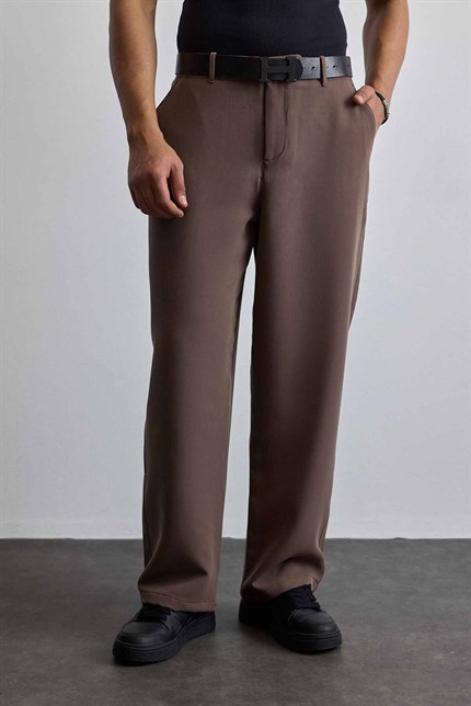Erkek Smart Casual Bol Paça Relaxed Fit Pantolon Kahverengi