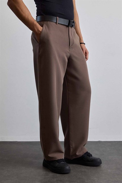 Erkek Smart Casual Bol Paça Relaxed Fit Pantolon Kahverengi