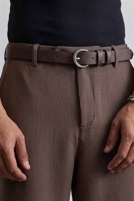 Erkek Smart Casual İnce Metal Tokalı Kemer Kahverengi