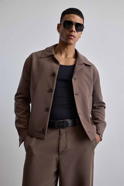 Erkek Smart Casual Relaxed Fit Düğmeli Ceket Kahverengi