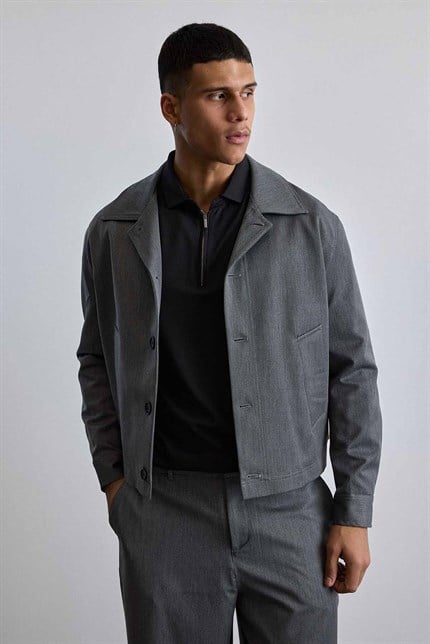 Erkek Smart Casual Relaxed Fit Düğmeli Ceket Gri