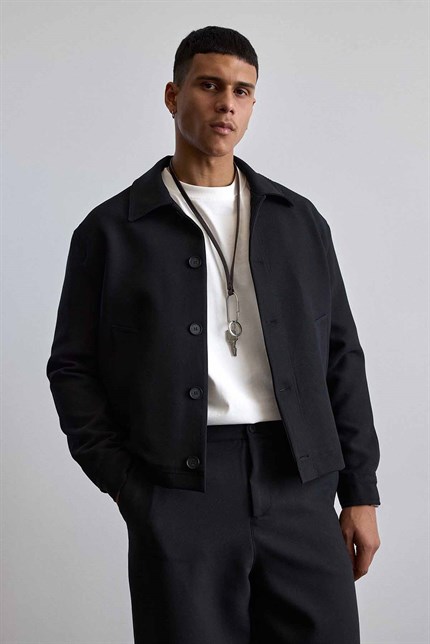 Erkek Smart Casual Relaxed Fit Düğmeli Ceket Siyah