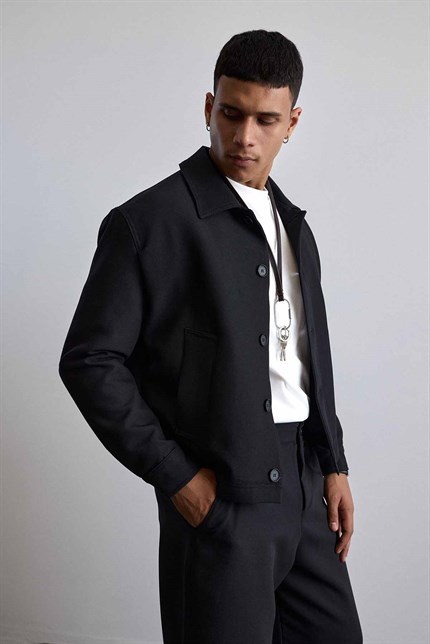 Erkek Smart Casual Relaxed Fit Düğmeli Ceket Siyah