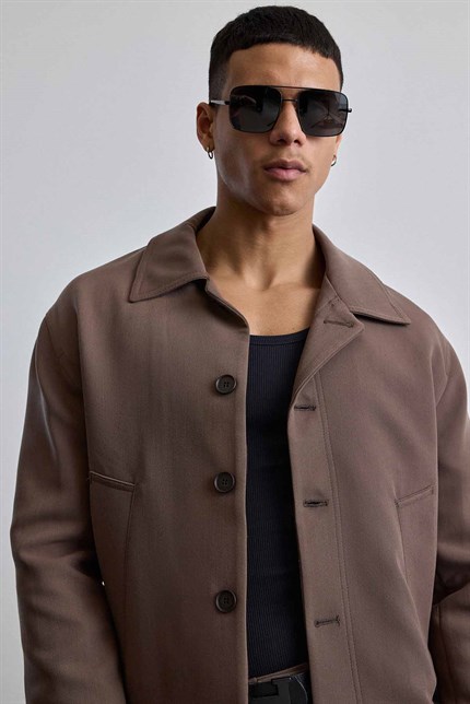 Erkek Smart Casual Relaxed Fit Düğmeli Ceket Kahverengi