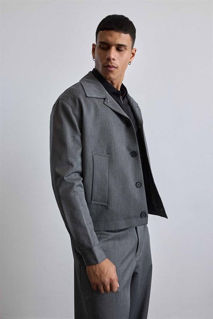 Erkek Smart Casual Relaxed Fit Düğmeli Ceket Gri