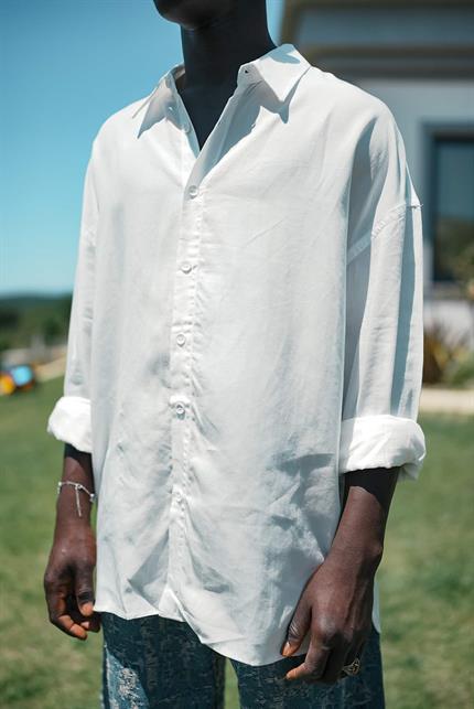 Erkek Soft Dokulu Basic Oversize Gömlek Beyaz