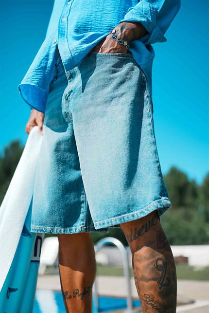 Erkek Süper Baggy Fit Bermuda Jean Şort Mavi