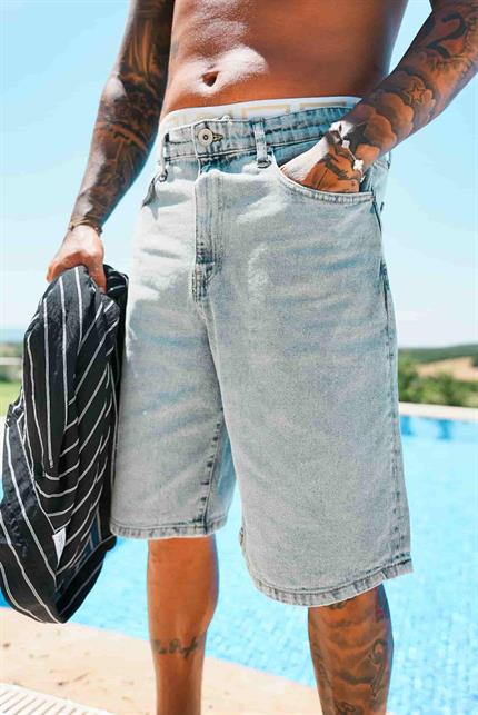 Erkek Süper Baggy Fit Bermuda Jean Şort Açık Mavi