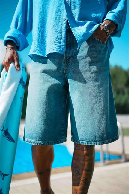 Erkek Süper Baggy Fit Bermuda Jean Şort Mavi