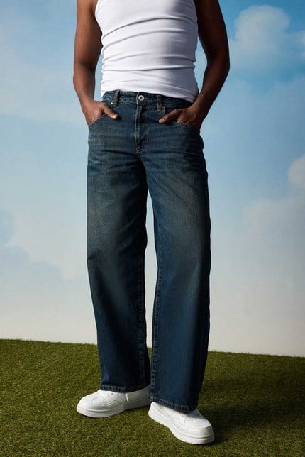 Erkek Süper Baggy Fit Jean Pantolon Koyu Mavi