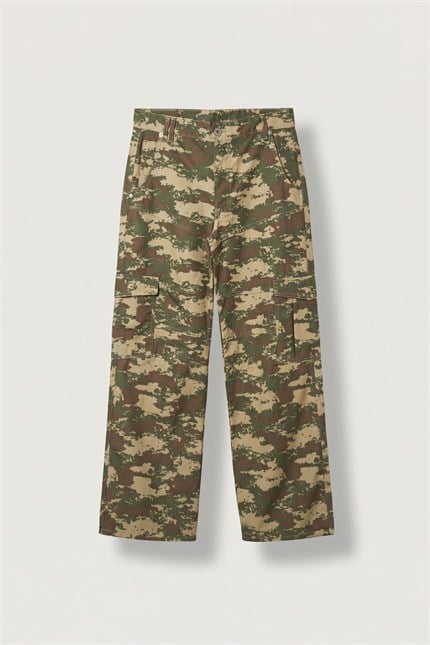 Erkek Süper Baggy Kamuflaj Desenli Kargo Pantolon Haki