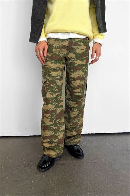 Erkek Süper Baggy Kamuflaj Desenli Kargo Pantolon Haki