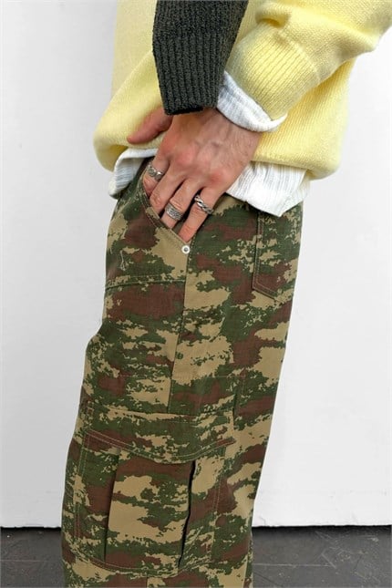 Erkek Süper Baggy Kamuflaj Desenli Kargo Pantolon Haki