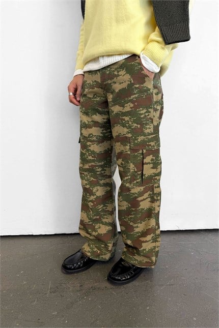 Erkek Süper Baggy Kamuflaj Desenli Kargo Pantolon Haki