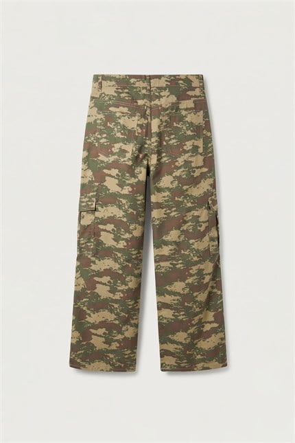 Erkek Süper Baggy Kamuflaj Desenli Kargo Pantolon Haki